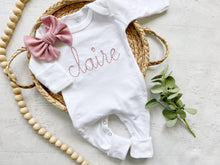Load image into Gallery viewer, Personalized white baby romper blush vintage stitch girl romper with bow custom girl coming home outfit baby shower gift going home