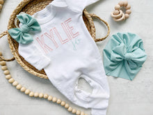 Load image into Gallery viewer, Personalized pink baby girl romper newborn outfit girl coming home outfit for baby girl cool tones baby outfit hospital outfit for girl