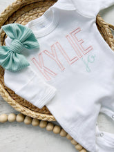 Load image into Gallery viewer, Personalized pink baby girl romper newborn outfit girl coming home outfit for baby girl cool tones baby outfit hospital outfit for girl