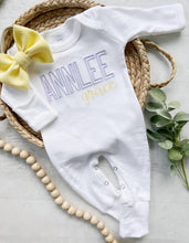 Load image into Gallery viewer, Personalized purple baby girl romper newborn outfit girl coming home outfit for baby girl baby outfit hospital outfit for girl yellow