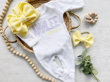 Load image into Gallery viewer, Personalized purple baby girl romper newborn outfit girl coming home outfit for baby girl baby outfit hospital outfit for girl yellow