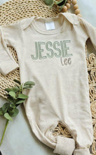 Load image into Gallery viewer, Personalized green, and beige newborn outfit, coming home outfit for baby boy, baby boy outfit, hospital outfit for boy baby woodland