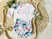Load image into Gallery viewer, Personalized Vintage floral baby girl outfit with bummies cottagecore baby girl outfit personalized baby outfit with bows flowers blue rose
