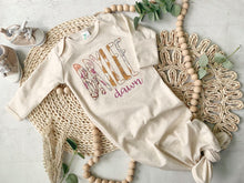 Load image into Gallery viewer, Personalized baby girl gown and bow set, custom coming home outfit for girl, baby shower gift, yellow pink floral, cottagecore baby outfit