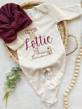 Load image into Gallery viewer, Personalized baby girl romper and hat set, vintage floral infant coming home outfit, baby shower gift, sleeper with footies, custom name