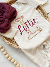 Load image into Gallery viewer, Personalized baby girl romper and hat set, vintage floral infant coming home outfit, baby shower gift, sleeper with footies, custom name
