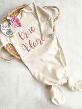 Load image into Gallery viewer, Personalized baby girl gown and bow set, custom coming home outfit for girl, baby shower gift, vintage pink floral, cottagecore baby outfit