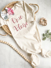 Load image into Gallery viewer, Personalized baby girl gown and bow set, custom coming home outfit for girl, baby shower gift, vintage pink floral, cottagecore baby outfit