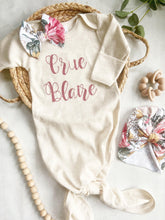Load image into Gallery viewer, Personalized baby girl gown and bow set, custom coming home outfit for girl, baby shower gift, vintage pink floral, cottagecore baby outfit