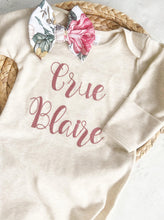 Load image into Gallery viewer, Personalized baby girl gown and bow set, custom coming home outfit for girl, baby shower gift, vintage pink floral, cottagecore baby outfit