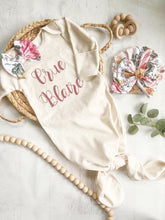 Load image into Gallery viewer, Personalized baby girl gown and bow set, custom coming home outfit for girl, baby shower gift, vintage pink floral, cottagecore baby outfit