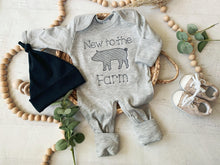 Load image into Gallery viewer, New to the farm romper, tractor coming home outfit for baby boy, farm boy sleeper hospital outfit, ranch pig farm animals sketch embroidery