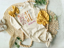 Load image into Gallery viewer, Personalized baby girl gown and bow set, custom coming home outfit for girl, baby shower gift, yellow pink floral, cottagecore baby outfit