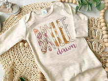 Load image into Gallery viewer, Personalized baby girl gown and bow set, custom coming home outfit for girl, baby shower gift, yellow pink floral, cottagecore baby outfit