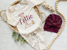 Load image into Gallery viewer, Personalized baby girl romper and hat set, vintage floral infant coming home outfit, baby shower gift, sleeper with footies, custom name