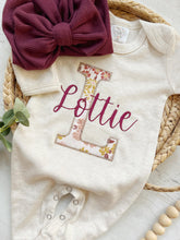 Load image into Gallery viewer, Personalized baby girl romper and hat set, vintage floral infant coming home outfit, baby shower gift, sleeper with footies, custom name