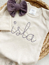 Load image into Gallery viewer, Personalized oatmeal and blush vintage stitch girl romper with bow or turban, custom girl coming home outfit, baby shower gift