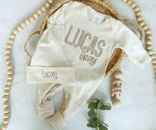 Load image into Gallery viewer, Personalized beige newborn outfit, coming home outfit for baby boy, baby boy outfit, hospital outfit for boy beige on beige monotone