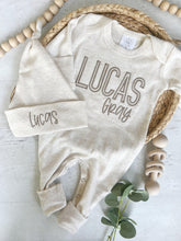 Load image into Gallery viewer, Personalized beige newborn outfit, coming home outfit for baby boy, baby boy outfit, hospital outfit for boy beige on beige monotone