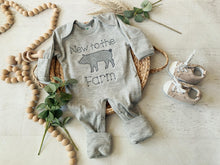 Load image into Gallery viewer, New to the farm romper, tractor coming home outfit for baby boy, farm boy sleeper hospital outfit, ranch pig farm animals sketch embroidery
