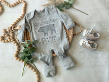 Load image into Gallery viewer, New to the farm romper, tractor coming home outfit for baby boy, farm boy sleeper hospital outfit, ranch pig farm animals sketch embroidery
