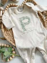 Load image into Gallery viewer, Personalized oatmeal baby romper and hat set, custom name coming home outfit, floral letter baby girl outfit, baby shower gift neutral green