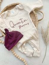 Load image into Gallery viewer, Personalized neutral baby romper and hat set, custom infant boy coming home outfit, baby shower gift, oatmeal sleeper with footies