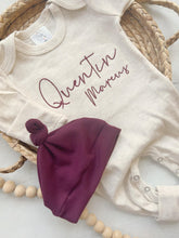 Load image into Gallery viewer, Personalized neutral baby romper and hat set, custom infant boy coming home outfit, baby shower gift, oatmeal sleeper with footies