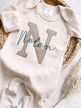 Load image into Gallery viewer, Personalized neutral baby romper and hat set, custom infant boy coming home outfit, baby shower gift, beige sleeper fall outfit autumn baby