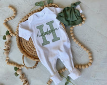 Load image into Gallery viewer, Personalized neutral baby romper and hat set, custom infant boy coming home outfit, baby shower gift, beige sleeper with footies, Sage Green
