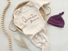 Load image into Gallery viewer, Personalized neutral baby romper and hat set, custom infant boy coming home outfit, baby shower gift, oatmeal sleeper with footies