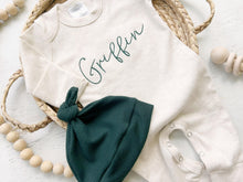 Load image into Gallery viewer, Personalized oatmeal and forest green stitch romper with hat, custom baby boy coming home outfit, baby shower gift