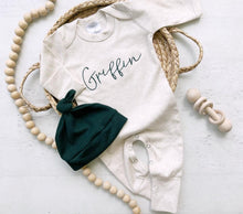 Load image into Gallery viewer, Personalized oatmeal and forest green stitch romper with hat, custom baby boy coming home outfit, baby shower gift