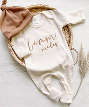 Load image into Gallery viewer, Personalized oatmeal vintage stitch romper with hat, custom baby boy coming home outfit, baby shower gift tan fall baby boy outfit