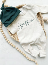 Load image into Gallery viewer, Personalized oatmeal and forest green stitch romper with hat, custom baby boy coming home outfit, baby shower gift