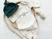 Load image into Gallery viewer, Personalized oatmeal and forest green stitch romper with hat, custom baby boy coming home outfit, baby shower gift