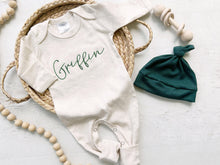 Load image into Gallery viewer, Personalized oatmeal and forest green stitch romper with hat, custom baby boy coming home outfit, baby shower gift