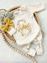 Load image into Gallery viewer, Personalized baby girl romper and hat set vintage floral infant coming home outfit baby shower gift, sleeper with footies custom name yellow
