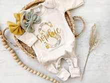 Load image into Gallery viewer, Personalized baby girl romper and hat set vintage floral infant coming home outfit baby shower gift, sleeper with footies custom name yellow