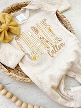 Load image into Gallery viewer, Personalized baby girl romper and bow, yellow infant girl coming home outfit custom name, baby shower gift sleeper with footies, sage green