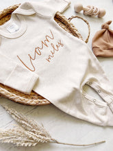 Load image into Gallery viewer, Personalized oatmeal vintage stitch romper with hat, custom baby boy coming home outfit, baby shower gift tan fall baby boy outfit