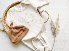 Load image into Gallery viewer, Personalized oatmeal vintage stitch romper with hat, custom baby boy coming home outfit, baby shower gift cafe brown fall baby boy outfit