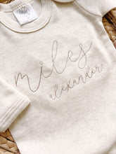 Load image into Gallery viewer, Personalized oatmeal vintage stitch romper with hat, custom baby boy coming home outfit, baby shower gift cafe brown fall baby boy outfit