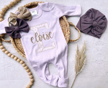 Load image into Gallery viewer, Personalized baby girl romper hat set, purple vintage floral infant coming home outfit, baby shower gift, sleeper with footies, custom name