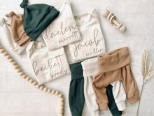 Load image into Gallery viewer, Personalized green and beige newborn outfit custom name boy girl, coming home outfit for baby boy, baby girl outfit, hospital outfit for boy