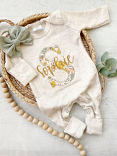 Load image into Gallery viewer, Personalized baby girl romper and hat set vintage floral infant coming home outfit baby shower gift, sleeper with footies custom name yellow