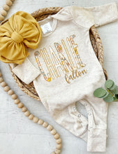 Load image into Gallery viewer, Personalized baby girl romper and bow, yellow infant girl coming home outfit custom name, baby shower gift sleeper with footies, sage green