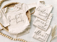 Load image into Gallery viewer, Personalized green and beige newborn outfit custom name boy girl, coming home outfit for baby boy, baby girl outfit, hospital outfit for boy