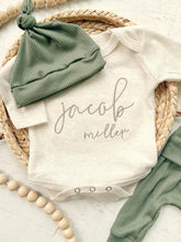 Load image into Gallery viewer, Personalized green and beige newborn outfit custom name boy girl, coming home outfit for baby boy, baby girl outfit, hospital outfit for boy