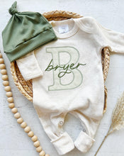 Load image into Gallery viewer, Personalized neutral baby romper and hat set, custom infant boy coming home outfit, baby shower gift, sleeper with footies green Christmas